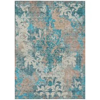 8' X 10' Teal Blue Ivory And Light Brown Damask Washable Indoor Outdoor Area Rug