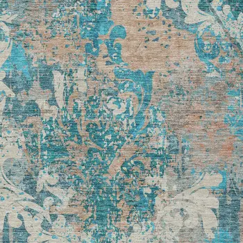 9' X 12' Teal Blue Ivory And Light Brown Damask Washable Indoor Outdoor Area Rug