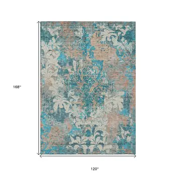 10' X 14' Teal Blue Ivory And Light Brown Damask Washable Indoor Outdoor Area Rug
