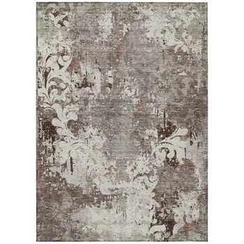 5' X 8' Taupe Ivory And Brown Damask Washable Indoor Outdoor Area Rug
