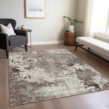5' X 8' Taupe Ivory And Brown Damask Washable Indoor Outdoor Area Rug