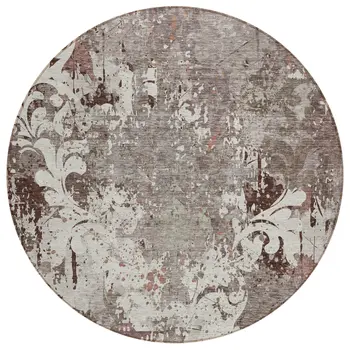 8' Taupe Ivory And Brown Round Damask Washable Indoor Outdoor Area Rug
