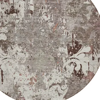 8' Taupe Ivory And Brown Round Damask Washable Indoor Outdoor Area Rug