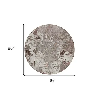 8' Taupe Ivory And Brown Round Damask Washable Indoor Outdoor Area Rug
