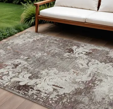 8' X 10' Taupe Ivory And Brown Damask Washable Indoor Outdoor Area Rug