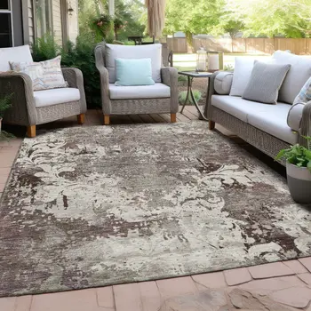 9' X 12' Taupe Ivory And Brown Damask Washable Indoor Outdoor Area Rug