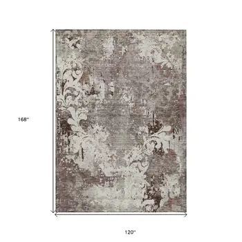 10' X 14' Taupe Ivory And Brown Damask Washable Indoor Outdoor Area Rug