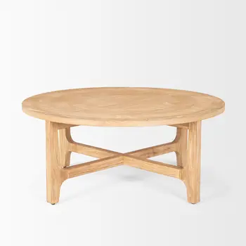 39" Natural and White Solid Wood Round Distressed Coffee Table