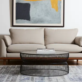 30" Black and Clear Glass and Iron Round Frame Coffee Table