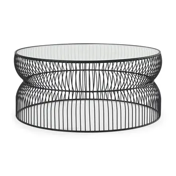 30" Black and Clear Glass and Iron Round Frame Coffee Table