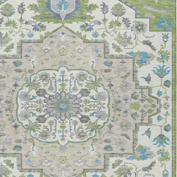 3' X 5' Artichoke Green Blue And Ivory Oriental Washable Indoor Outdoor Area Rug