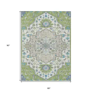 5' X 8' Artichoke Green Blue And Ivory Oriental Washable Indoor Outdoor Area Rug