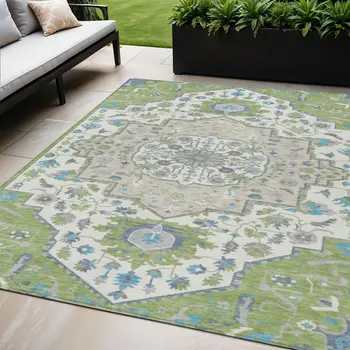 5' X 8' Artichoke Green Blue And Ivory Oriental Washable Indoor Outdoor Area Rug