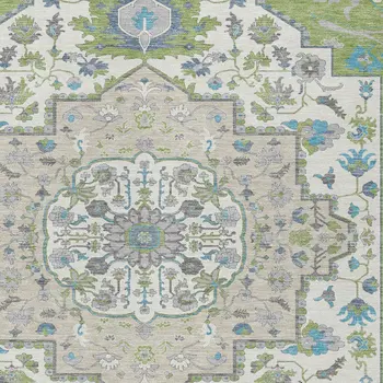 5' X 8' Artichoke Green Blue And Ivory Oriental Washable Indoor Outdoor Area Rug