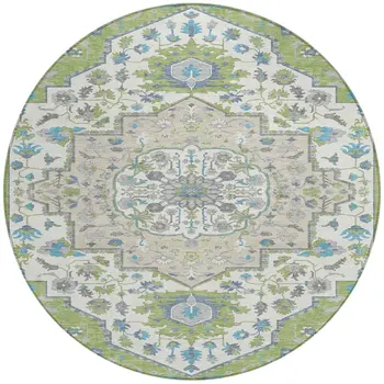 8' Artichoke Green Blue And Ivory Round Oriental Washable Indoor Outdoor Area Rug