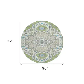 8' Artichoke Green Blue And Ivory Round Oriental Washable Indoor Outdoor Area Rug