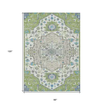 8' X 10' Artichoke Green Blue And Ivory Oriental Washable Indoor Outdoor Area Rug