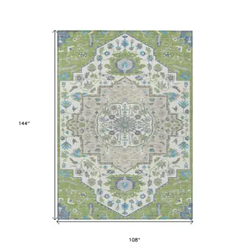 9' X 12' Artichoke Green Blue And Ivory Oriental Washable Indoor Outdoor Area Rug