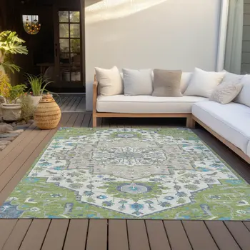 9' X 12' Artichoke Green Blue And Ivory Oriental Washable Indoor Outdoor Area Rug