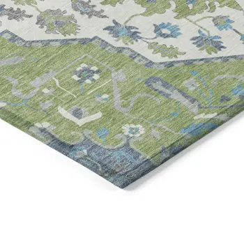 9' X 12' Artichoke Green Blue And Ivory Oriental Washable Indoor Outdoor Area Rug