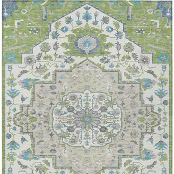 9' X 12' Artichoke Green Blue And Ivory Oriental Washable Indoor Outdoor Area Rug