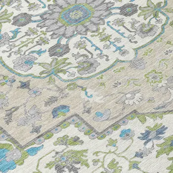 9' X 12' Artichoke Green Blue And Ivory Oriental Washable Indoor Outdoor Area Rug
