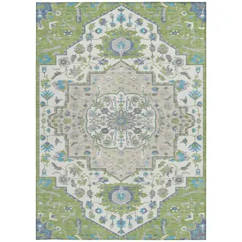 10' X 14' Artichoke Green Blue And Ivory Oriental Washable Indoor Outdoor Area Rug