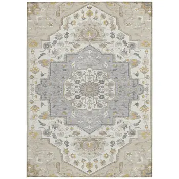 3' X 5' Beige Ivory And Gray Oriental Washable Indoor Outdoor Area Rug