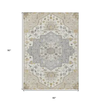 5' X 8' Beige Ivory And Gray Oriental Washable Indoor Outdoor Area Rug