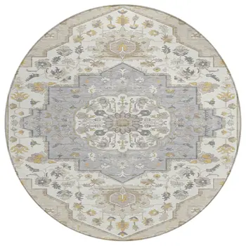 8' Beige Ivory And Gray Round Oriental Washable Indoor Outdoor Area Rug
