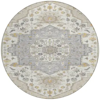 8' Beige Ivory And Gray Round Oriental Washable Indoor Outdoor Area Rug
