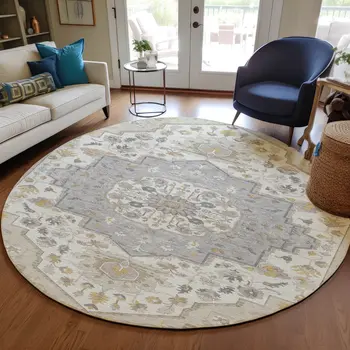 8' Beige Ivory And Gray Round Oriental Washable Indoor Outdoor Area Rug