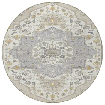 8' Beige Ivory And Gray Round Oriental Washable Indoor Outdoor Area Rug
