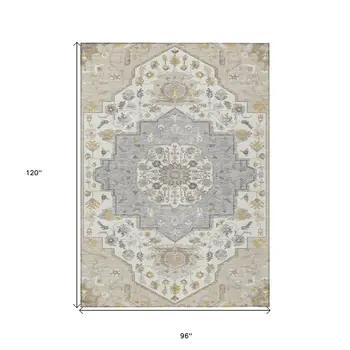 8' X 10' Beige Ivory And Gray Oriental Washable Indoor Outdoor Area Rug