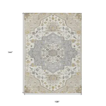 9' X 12' Beige Ivory And Gray Oriental Washable Indoor Outdoor Area Rug