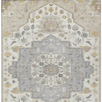 10' X 14' Beige Ivory And Gray Oriental Washable Indoor Outdoor Area Rug