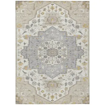 10' X 14' Beige Ivory And Gray Oriental Washable Indoor Outdoor Area Rug