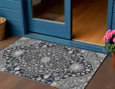 3' X 5' Black Gray And Beige Oriental Washable Indoor Outdoor Area Rug