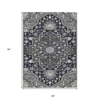 5' X 8' Black Gray And Beige Oriental Washable Indoor Outdoor Area Rug