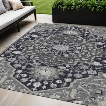 5' X 8' Black Gray And Beige Oriental Washable Indoor Outdoor Area Rug