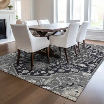 5' X 8' Black Gray And Beige Oriental Washable Indoor Outdoor Area Rug