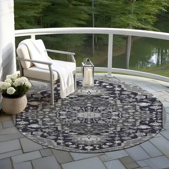 8' Black Gray And Beige Round Oriental Washable Indoor Outdoor Area Rug