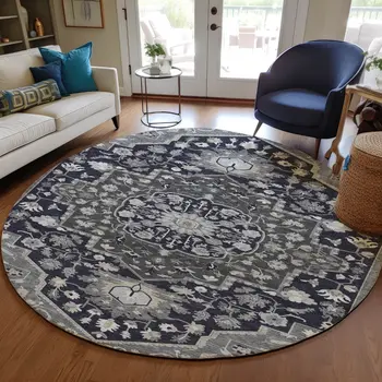 8' Black Gray And Beige Round Oriental Washable Indoor Outdoor Area Rug
