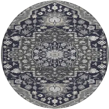 8' Black Gray And Beige Round Oriental Washable Indoor Outdoor Area Rug