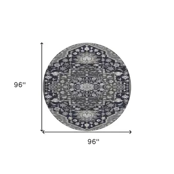 8' Black Gray And Beige Round Oriental Washable Indoor Outdoor Area Rug
