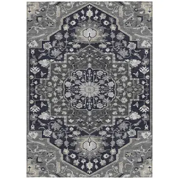 10' X 14' Black Gray And Beige Oriental Washable Indoor Outdoor Area Rug