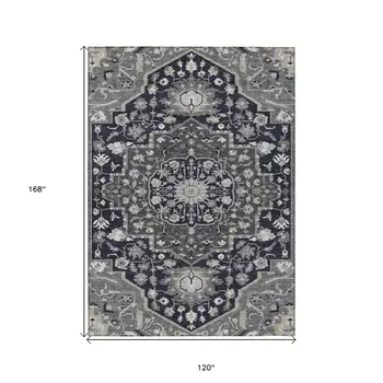 10' X 14' Black Gray And Beige Oriental Washable Indoor Outdoor Area Rug