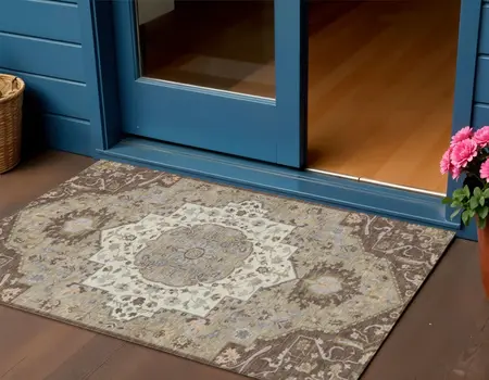 3' X 5' Chocolate Beige And Gray Oriental Washable Indoor Outdoor Area Rug