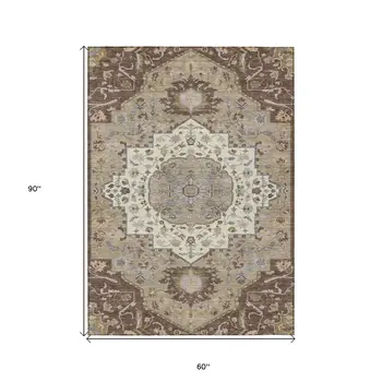 5' X 8' Chocolate Beige And Gray Oriental Washable Indoor Outdoor Area Rug