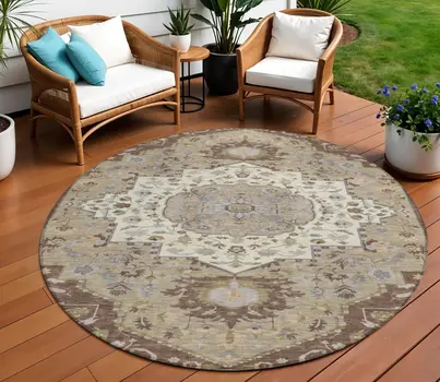 8' Chocolate Beige And Gray Round Oriental Washable Indoor Outdoor Area Rug